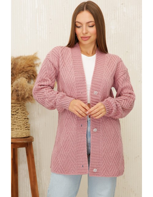 Модный женский кардиган цвета роза на пуговицах с элементами вязки