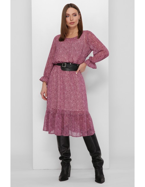 Легкое и воздушное шифоновое платье сливового цвета с рюшами на рукавах