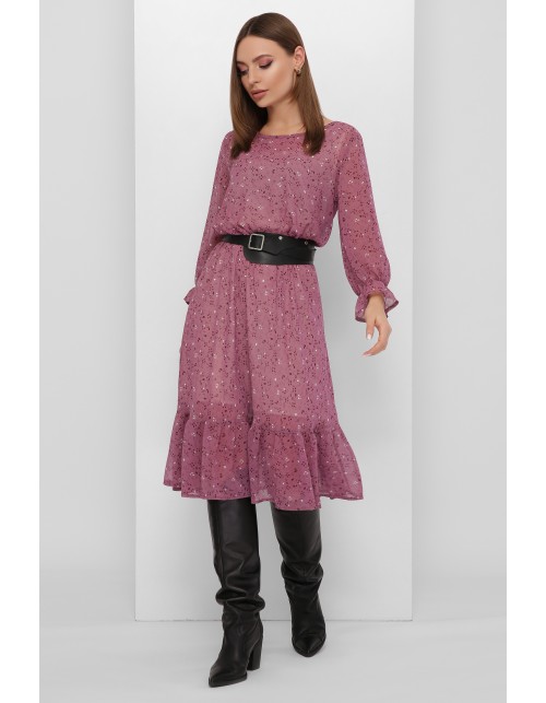 Легкое и воздушное шифоновое платье сливового цвета с рюшами на рукавах