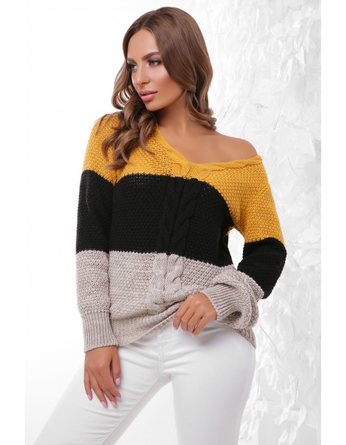 Триколірний жіночий джемпер з V-подібним вирізом і довгим рукавом