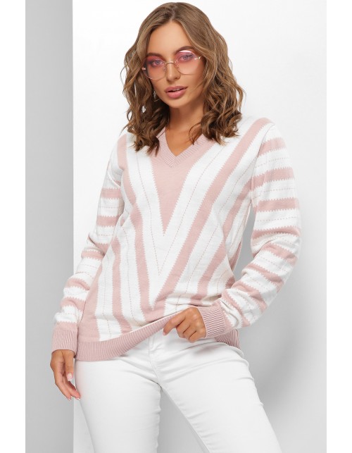 В’язаний жіночий джемпер кольору пудра та молоко з візерунком геометричних ліній