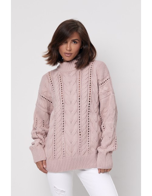 В'язаний жіночий светр кольору пудри з ажурним візерунком