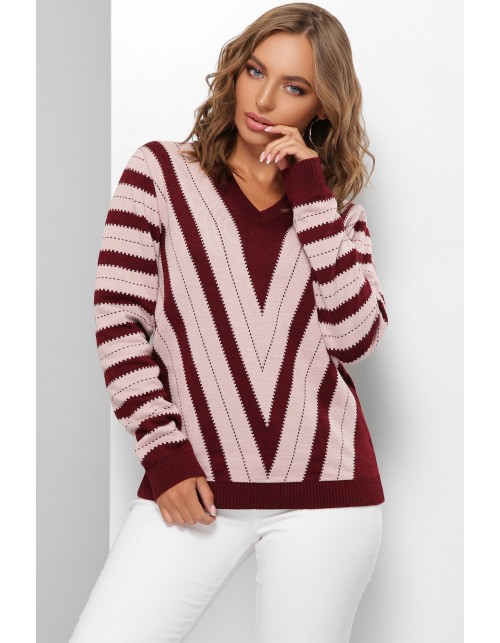 В’язаний жіночий джемпер кольору марсала та пудра з візерунком геометричних ліній