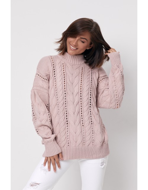 В'язаний жіночий светр кольору пудри з ажурним візерунком