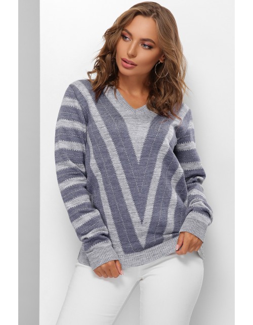 В'язаний жіночий джемпер кольору сірий і джинс з візерунком геометричних ліній