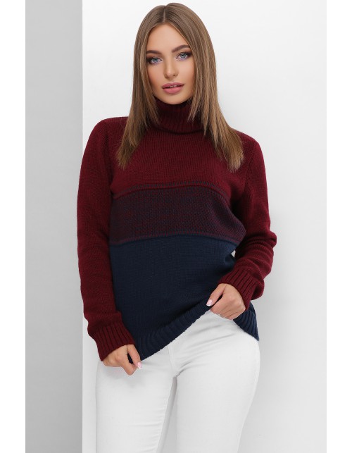 Двоколірний марсала-синій жіночий светр прямого силуету з якісної м'якої пряжі
