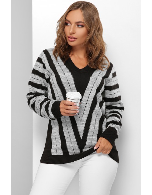 В’язаний жіночий джемпер кольору чорний та сірий з візерунком геометричних ліній