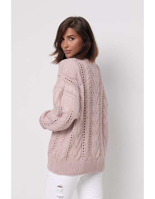 В'язаний жіночий светр кольору пудри з ажурним візерунком