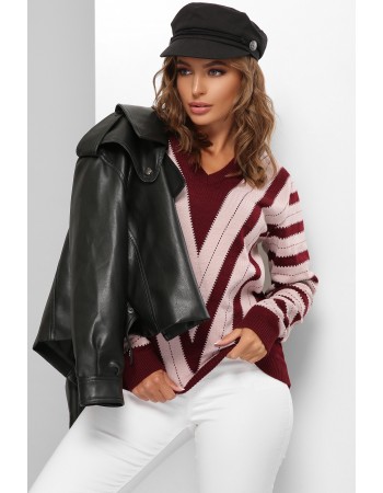 Вязаный джемпер цвета марсала и пудра с узором геометрических линий