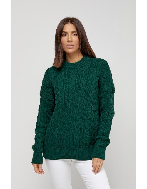 Вязаный женский свитер с рельефным узором темно-зеленого цвета