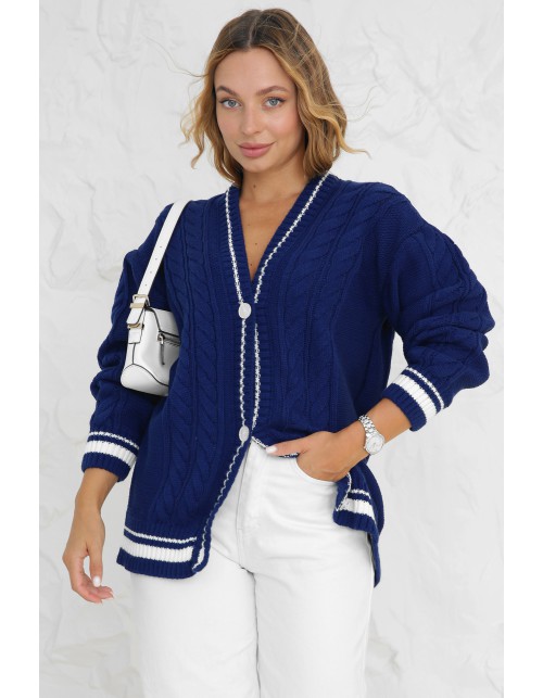 В'язаний жіночий кардиган темно-синього кольору із косами