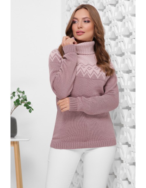 Женский вязаный свитер под горло с орнаментом цвета пудра-фрез