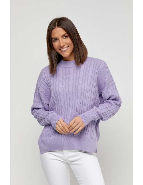 Жіночий светр фіалкового кольору з в’язаними елементами та боковим розрізами