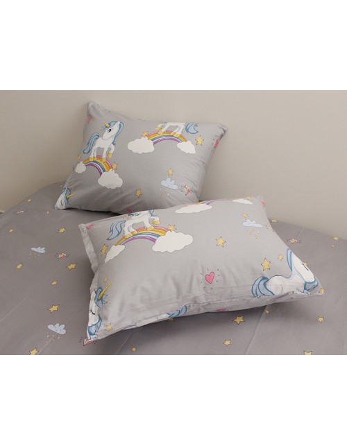 Детский комплект постельного бельясерого цвета с единорогами, Сатин люкс