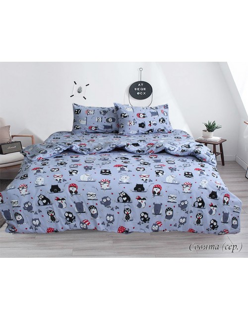 Детский комплект постельного бельясерого цвета с совами, Ранфорс