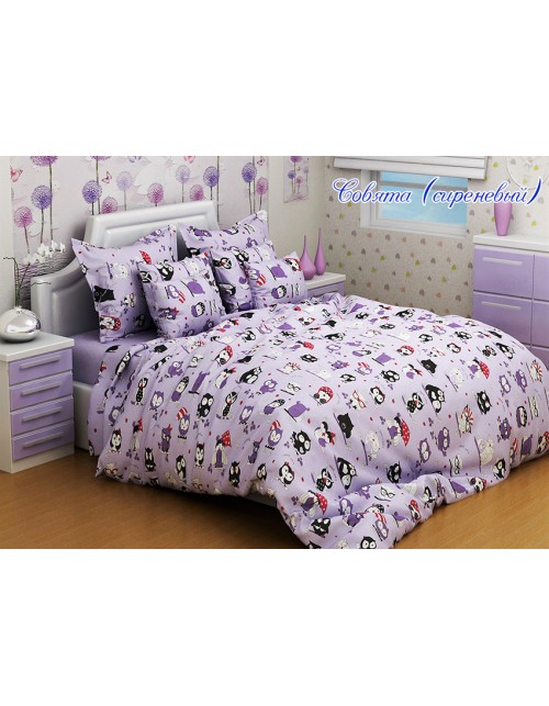 Детский комплект постельного бельясиреневого цвета с совами, Ранфорс