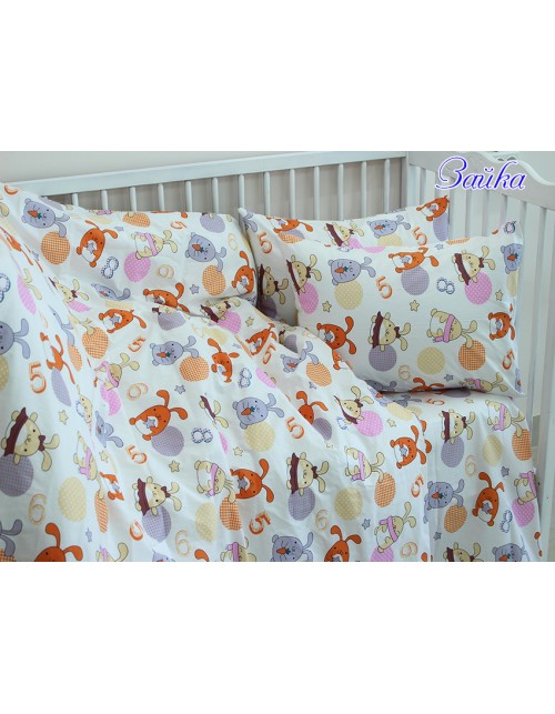 Детский комплект постельного бельябелого цвета с зайками, Ранфорс