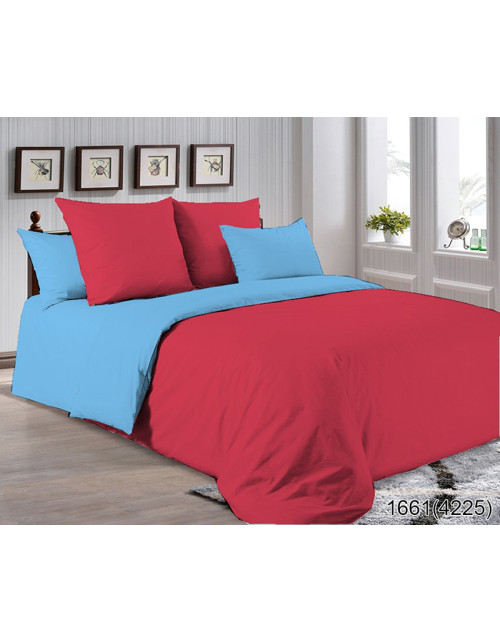 Двухспальный комплект постельного белья голубовато красного цвета, Поплин
