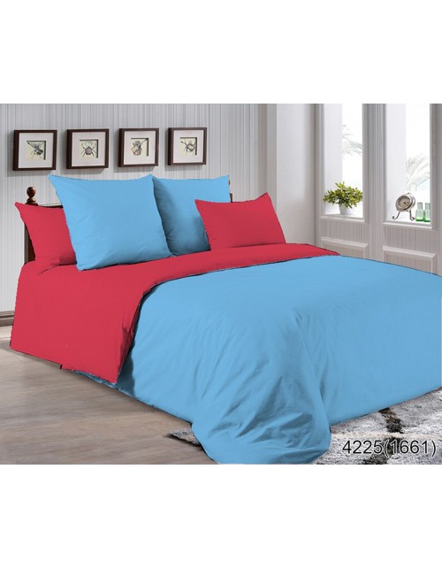 Двухспальный комплект постельного белья красно голубого цвета, Поплин