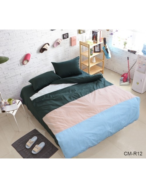 Двоспальний комплект постільної білизни у смужку темно-зеленого кольору, Поплін