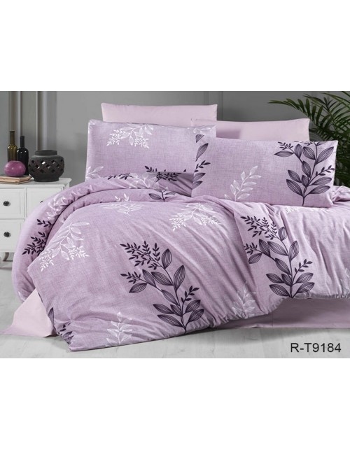 Двухспальный комплект постельного белья сиреневого цвета с листьями на ветвях, Ранфорс