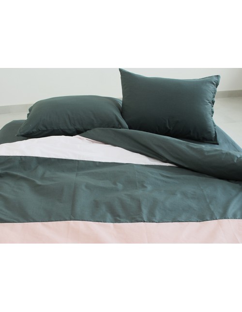 Двоспальний комплект постільної білизни у смужку темно-зеленого кольору, Поплін