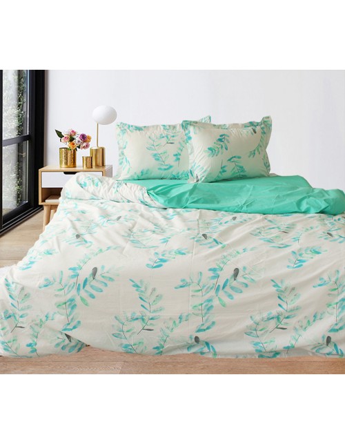 Двухспальный комплект постельного белья бело-бирюзового цвета с ветвями, Ранфорс