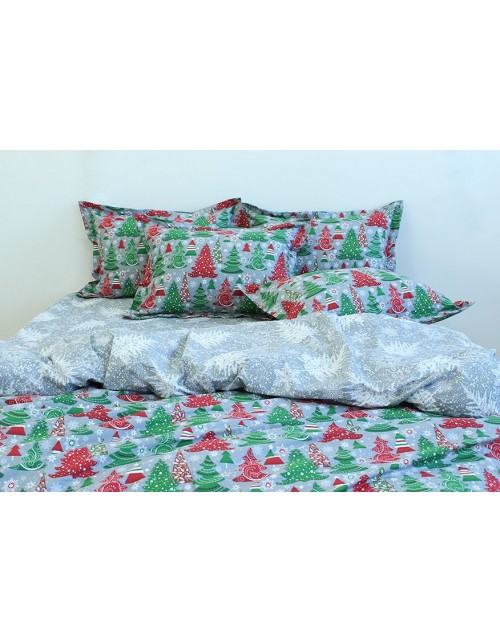 Двоспальний комплект постільної білизни сірого кольору з новорічними ялинками, Ранфорс