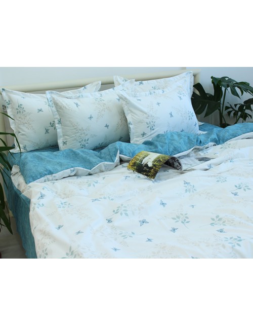 Двухспальный комплект постельного белья белого цвета с листьями на ветвях, Ранфорс