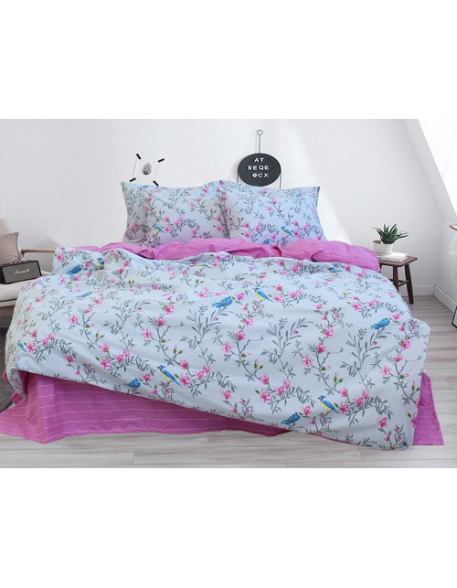 Двоспальний комплект постільної білизни з квітучими гілками та птахами, Ранфорс