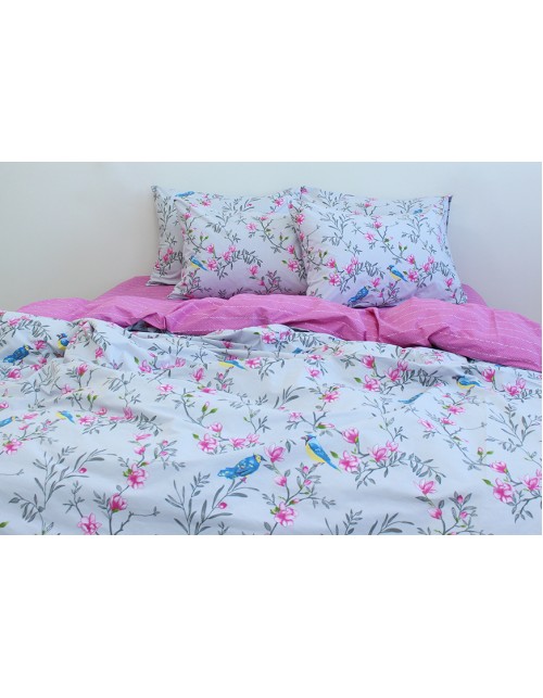 Двоспальний комплект постільної білизни з квітучими гілками та птахами, Ранфорс