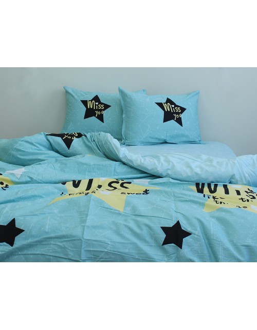 Двоспальний комплект постільної білизни зеленого кольору із зірками, Сатин люкс