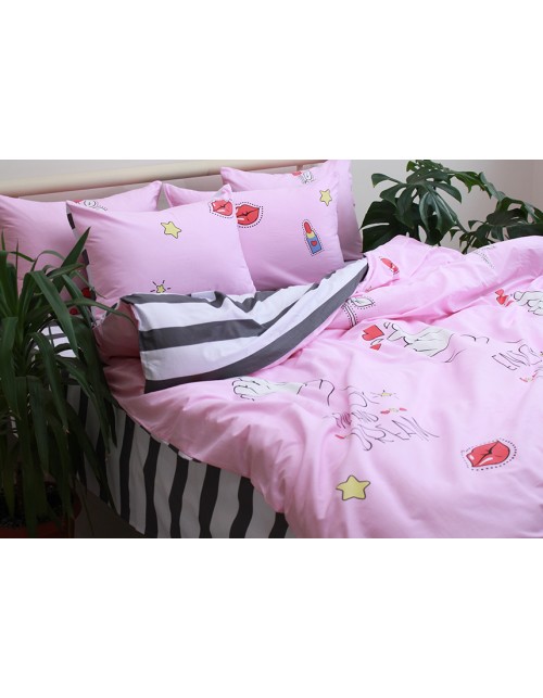 Двоспальний комплект постільної білизни рожевого кольору із сердечками, Сатин люкс