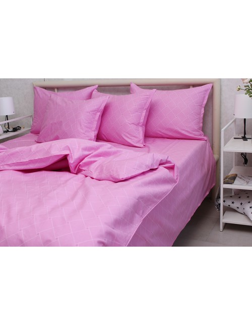 Двухспальный комплект постельного белья розового цвета в ромбик, Сатин люкс