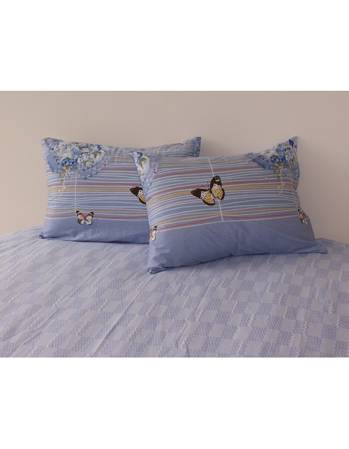 Двухспальный комплект постельного белья синего цвета с бабочками, Сатин люкс