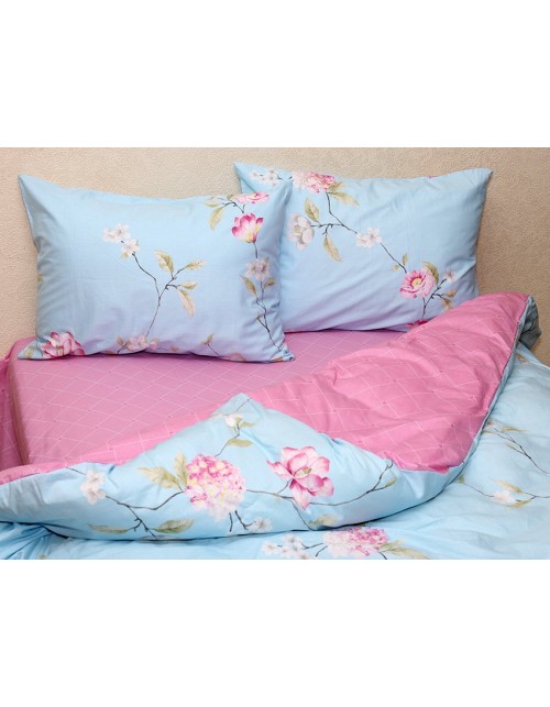 Двоспальний комплект постільної білизни блакитного кольору з квітами, Сатин люкс