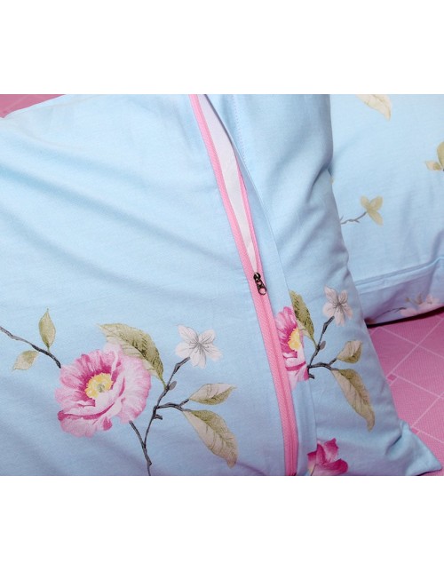 Двоспальний комплект постільної білизни блакитного кольору з квітами, Сатин люкс