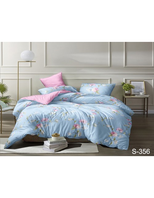 Двоспальний комплект постільної білизни блакитного кольору з квітами, Сатин люкс