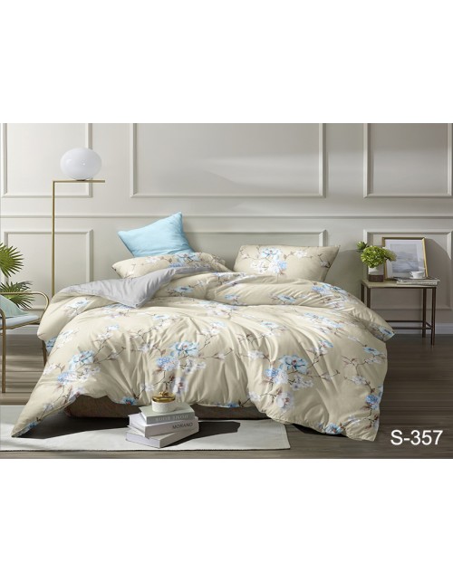 Двоспальний комплект постільної білизни бежевого кольору з квітами, Сатин люкс