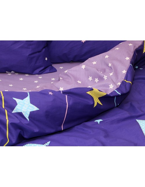 Двоспальний комплект постільної білизни синього кольору із зірками, Сатин люкс