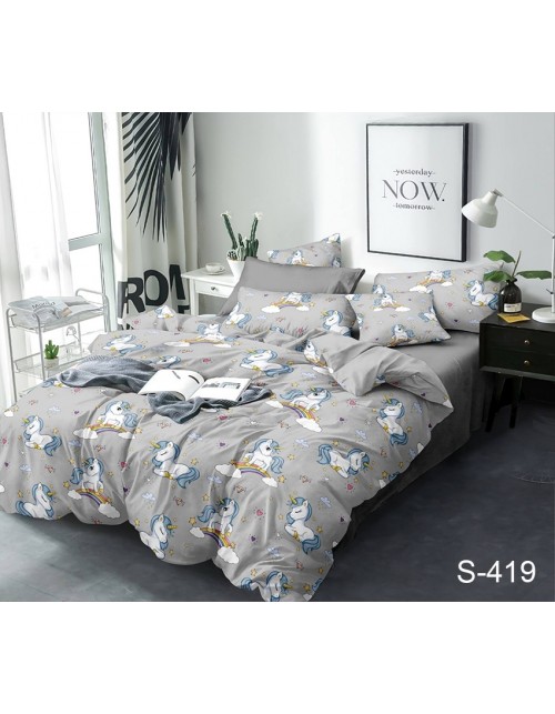 Двухспальный комплект постельного белья серого цвета с единорогами, Сатин люкс