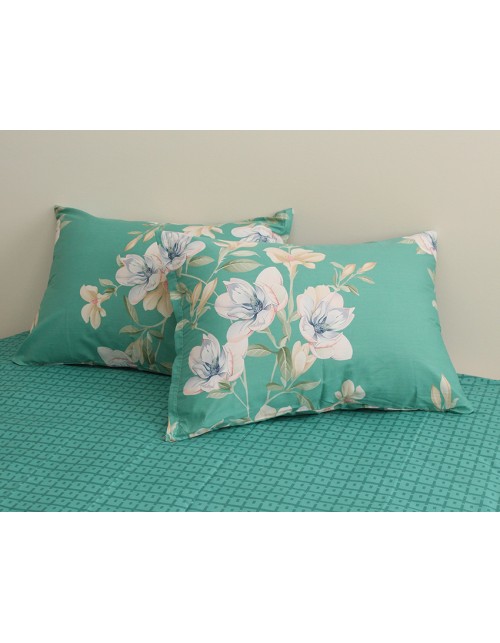 Двоспальний комплект постільної білизни зеленого кольору з квітами, Сатин люкс