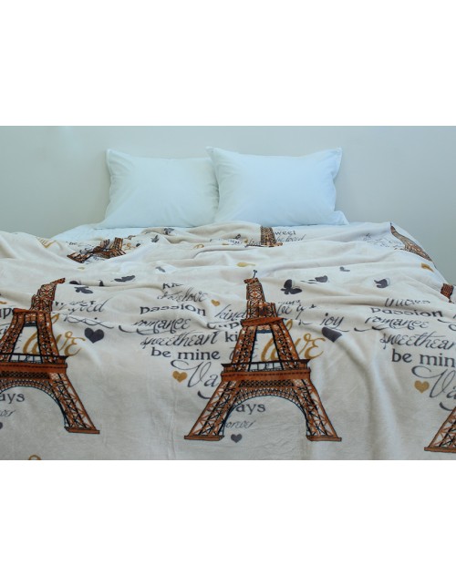 Плед молочного цвета с елфевою башней и сердечками (160х220 см.)