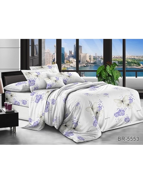 Полуторний комплект постільної білизни білого кольору з квітами та метеликами, Полікотон