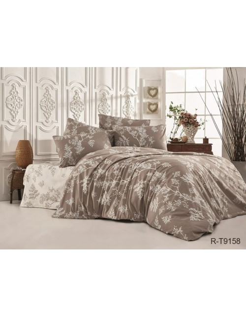 Полуторний комплект постільної білизни коричневого кольору з листям на гілках, Ранфорс
