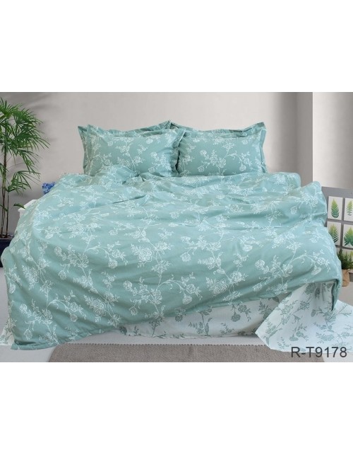 Полуторный комплект постельного белья бирюзового цвета с цветочным принтом, Ранфорс
