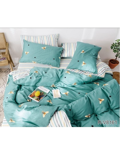 Полуторний комплект постільної білизни бірюзового кольору з бджолами, Ранфорс