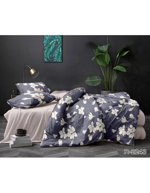 Полуторный комплект постельного белья синего цвета с цветами, Ранфорс