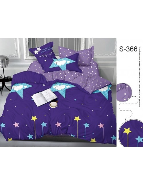 Полуторный комплект постельного белья фиолетового цвета со звездами, Сатин люкс