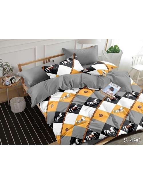 Полуторний комплект постільної білизни у шахову клітку з конем, Сатин люкс